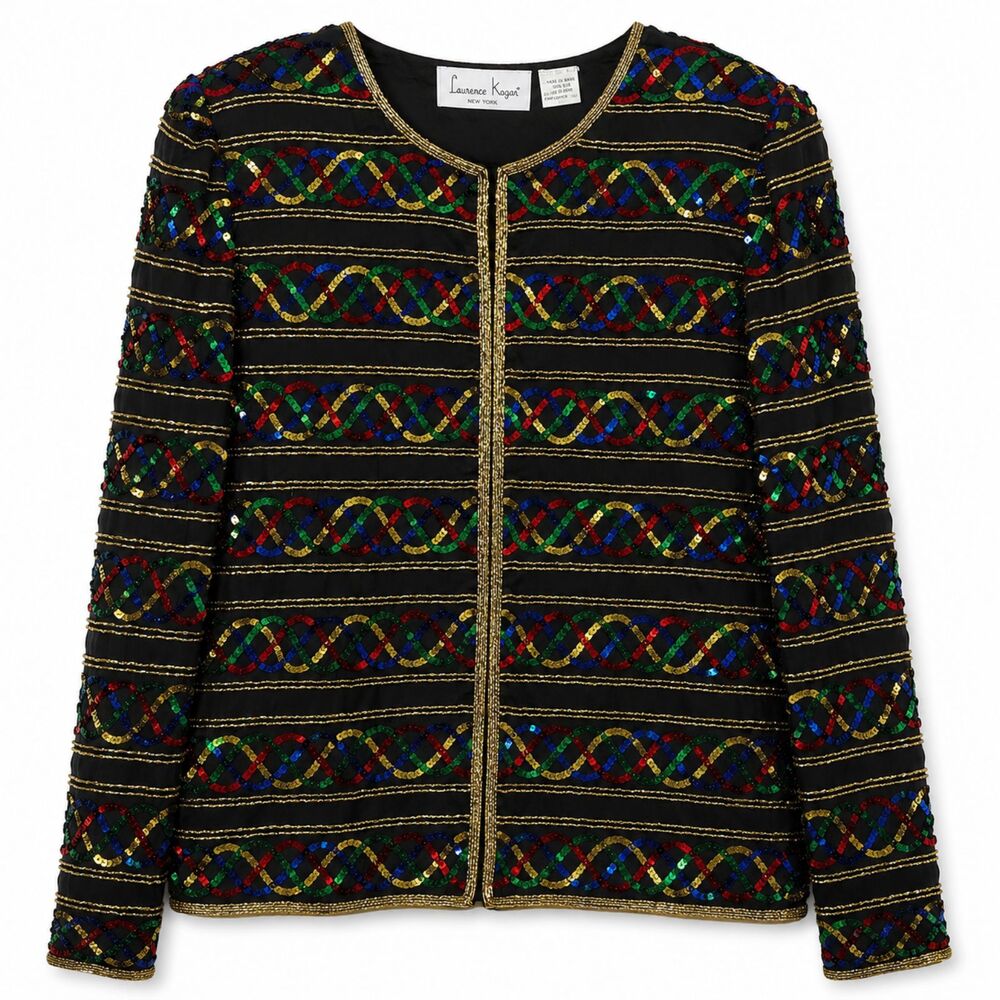 Lawrence Kazar Vintage Jacket Women's XLP Multicolor Sequin Silk Open Front NWOT